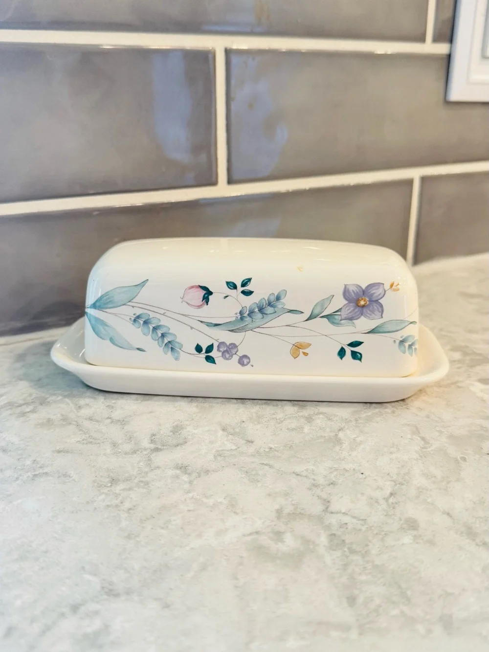 Pfaltzgraff April Floral Ceramic Butter Dish with Pastel Blue & Purple Flowers